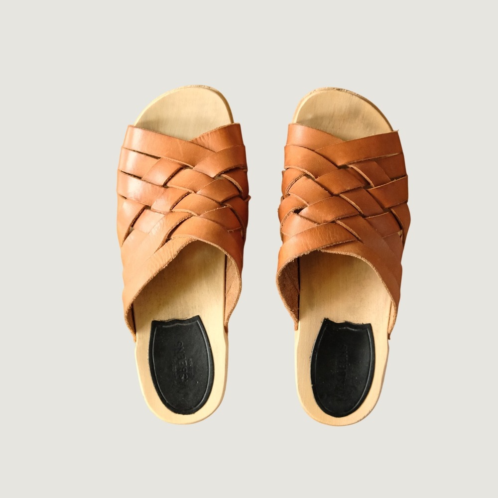 Swedish Hasbeens Britta Clog Slide Sandal Nature Tan Braided Wood Size 38